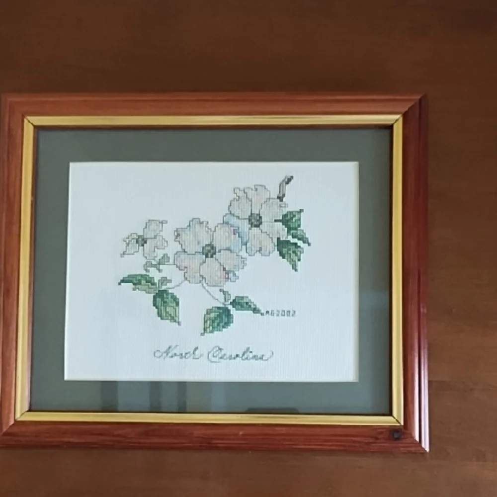 Vintage Handcrafted North Carolina Dogwood Cross Stitch Framed Art